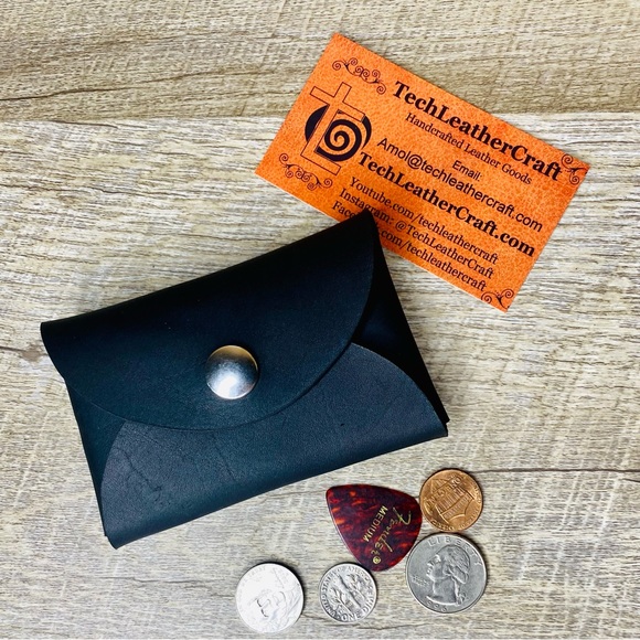 Leather Pouch, Business Card Holder, Rectangular Coin Pouch. Oil tan Black - Picture 3 of 7